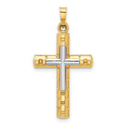 14K Bicolor Strukturiert und Poliert Hohl Lateinisch Kreuz Anhänger