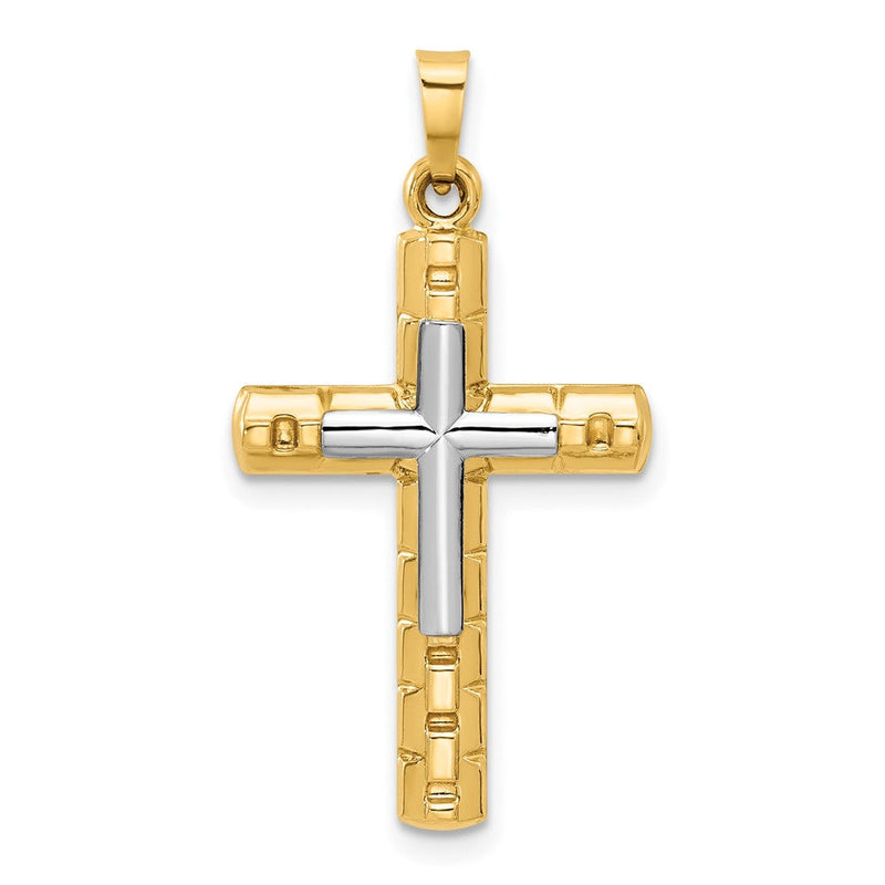 14K Bicolor Strukturiert und Poliert Hohl Lateinisch Kreuz Anhänger