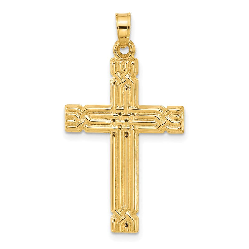 14K Gelbgold Poliert und Gerillt Hohl Kreuz Anhänger