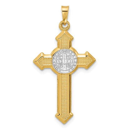 14K Bicolor Strukturiert Hohl Knospend St Benedict Kreuz Pendent