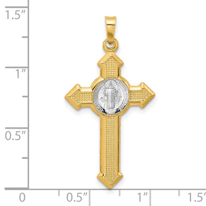 14K Bicolor Strukturiert Hohl Knospend St Benedict Kreuz Pendent