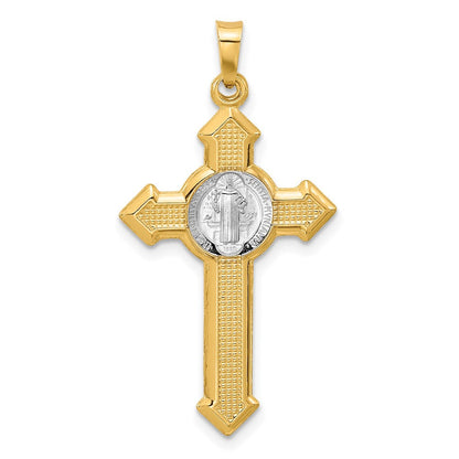 14K Bicolor Strukturiert Hohl Knospend St Benedict Kreuz Pendent