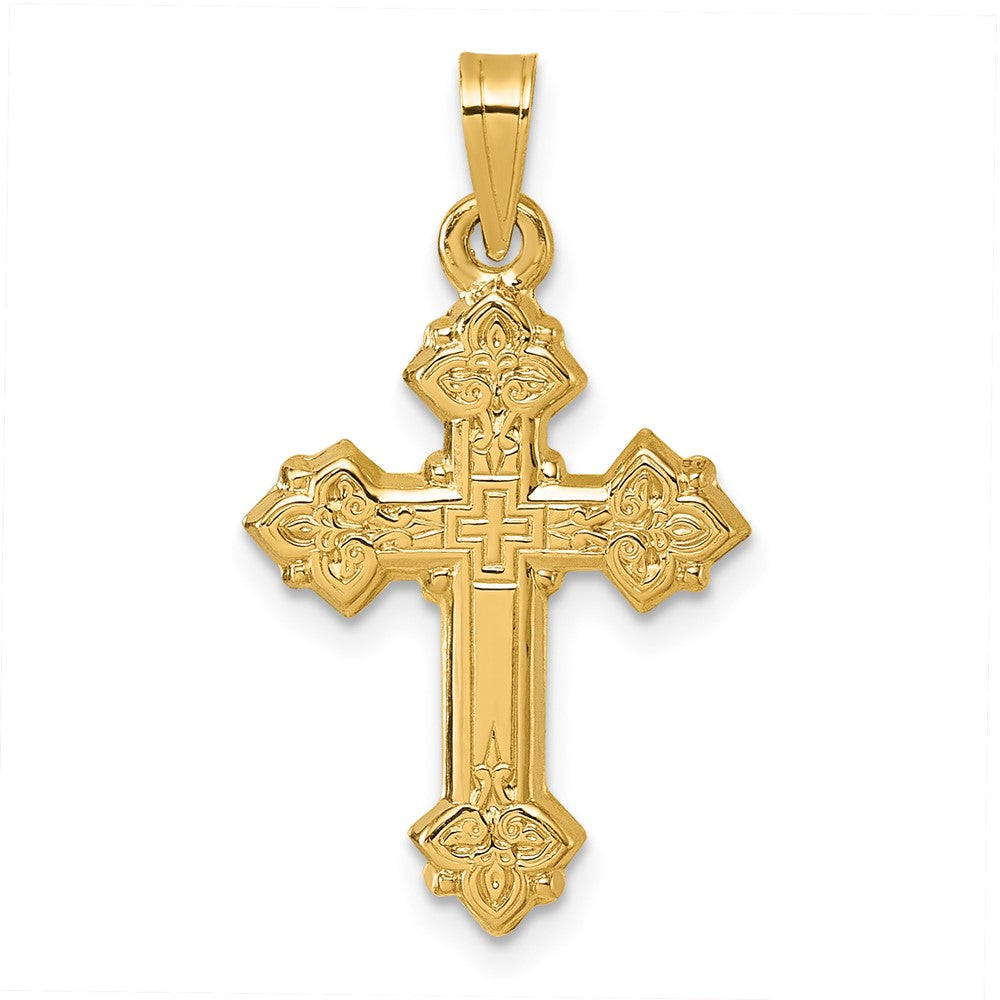 14K Gelbgold Poliert Fleur De Lis Kreuz Anhänger