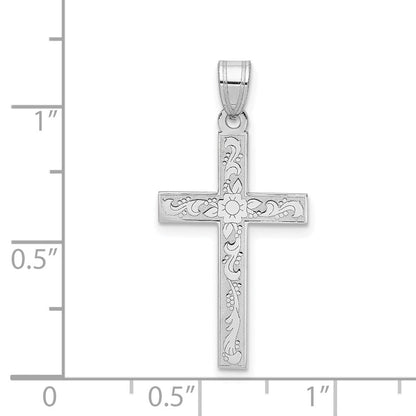 14K Weißgold Kreuzanhänger mit weißen Blumenmotiven