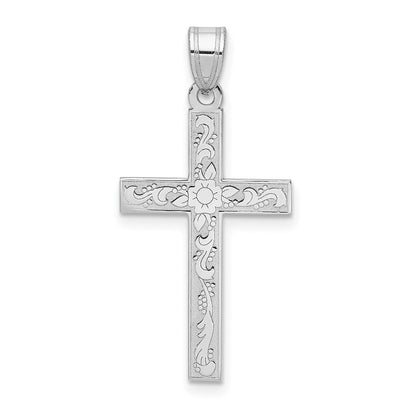 14K Weißgold Kreuzanhänger mit weißen Blumenmotiven