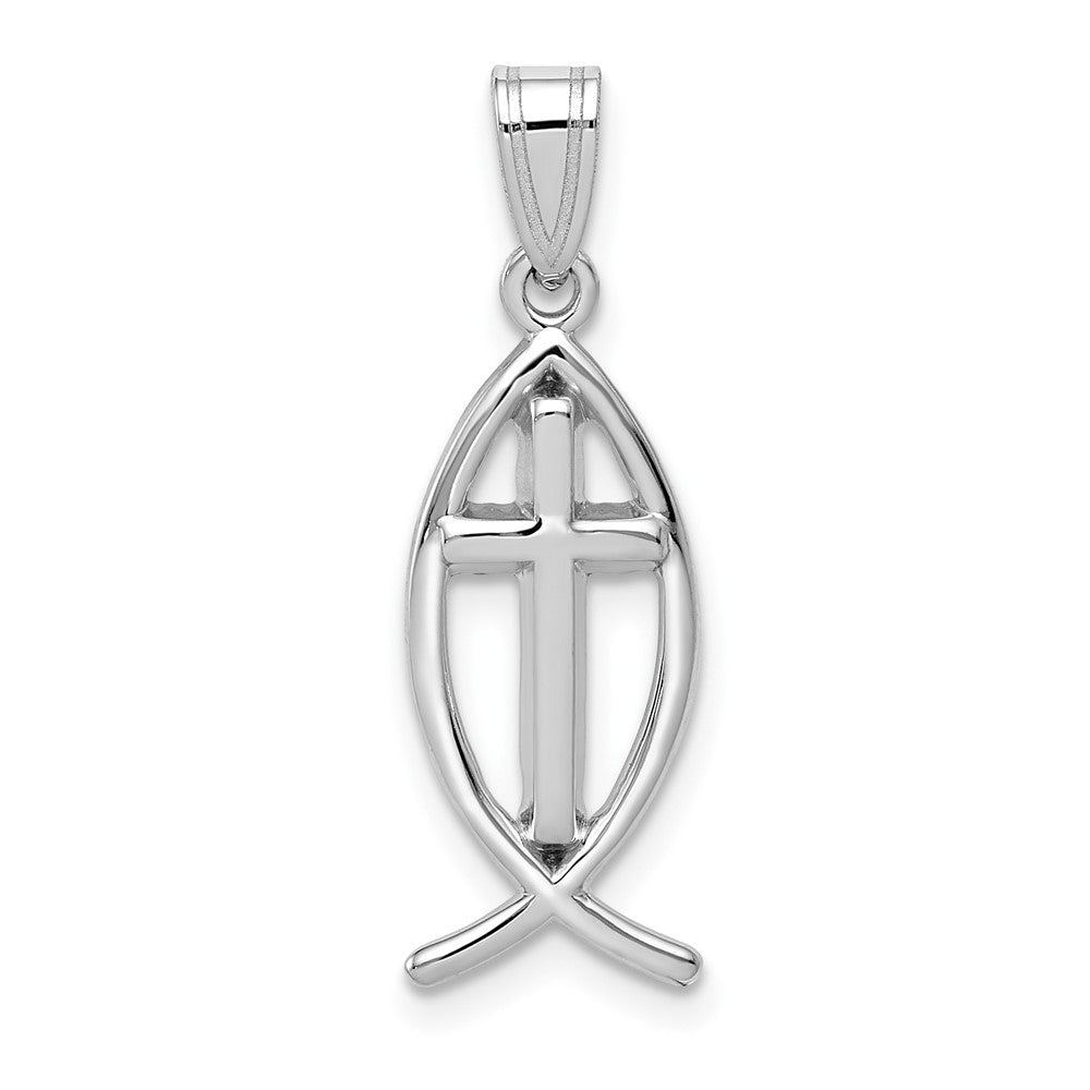14K Weißgold Kreuz Ichthys Fisch Anhänger