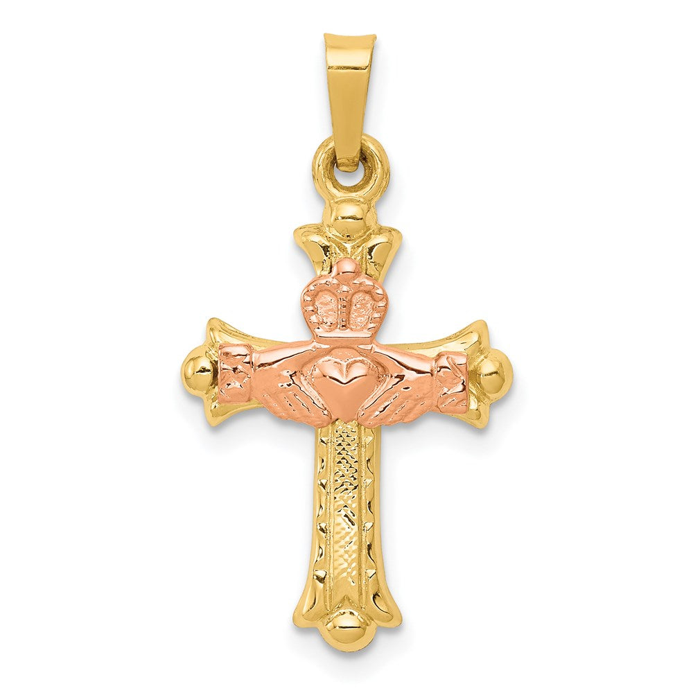 14K Bicolor-Gold Claddagh-Kreuz-Anhänger