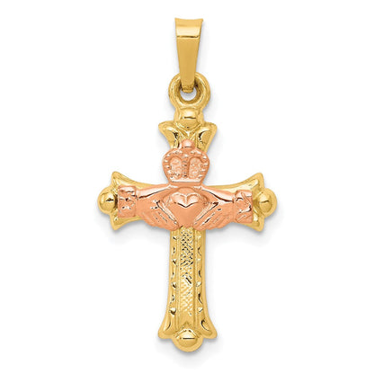 14K Bicolor-Gold Claddagh-Kreuz-Anhänger
