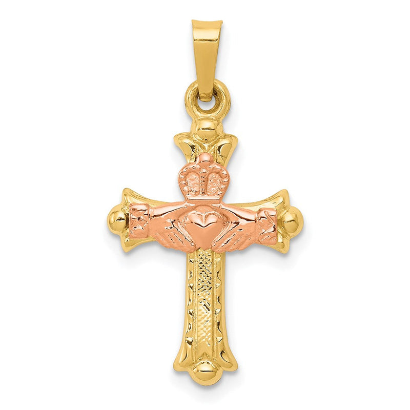 14K Bicolor-Gold Claddagh-Kreuz-Anhänger