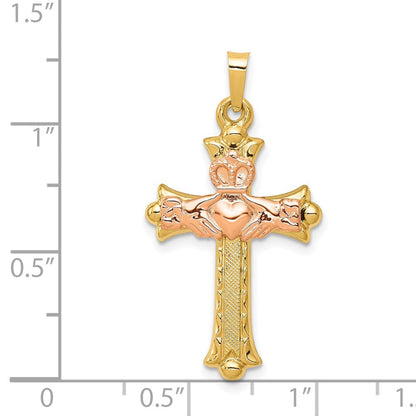 14k Bicolor-Gold Claddagh-Kreuz-Anhänger aus Bicolor-Gold