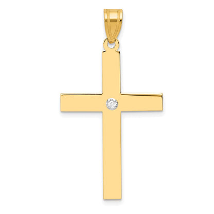 14K Gelbgold poliertes Kreuz mit 0,02 ct. Diamant-Anhänger