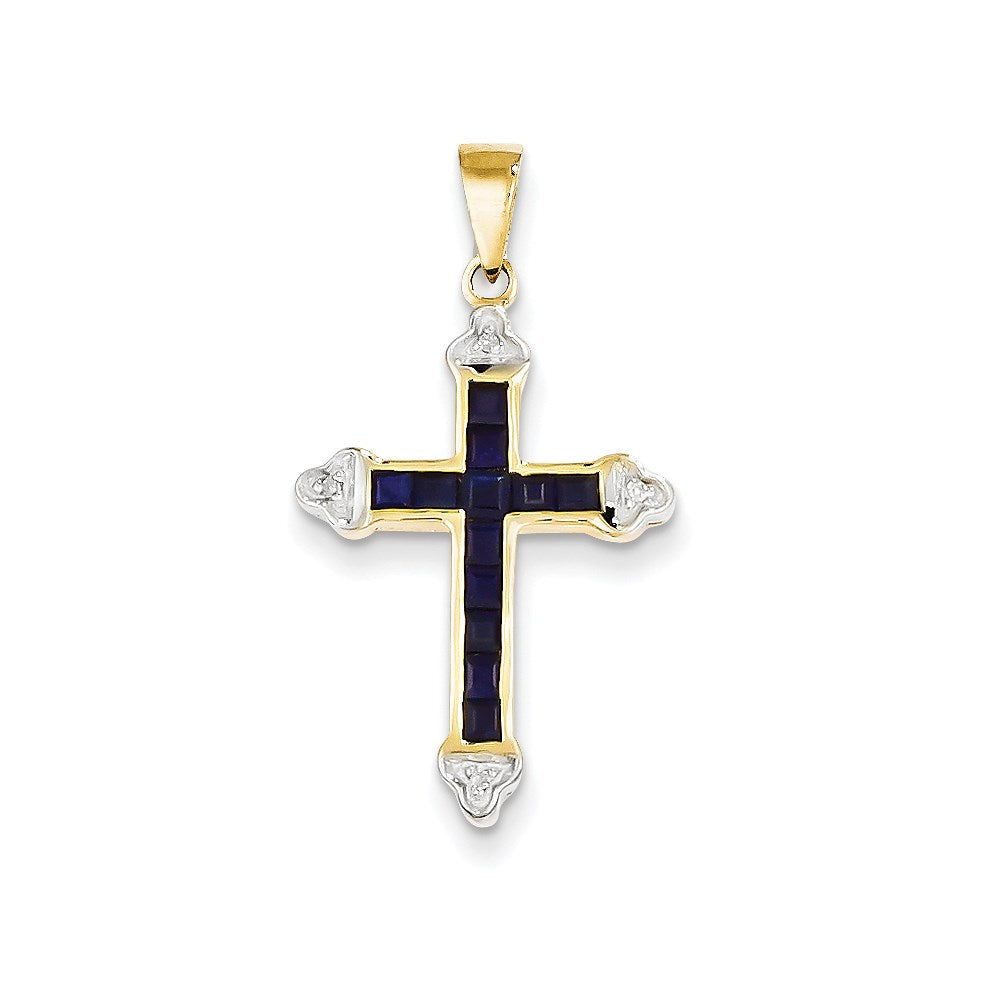 14K Gelbgold Kreuz-Anhänger mit Diamant und Saphir