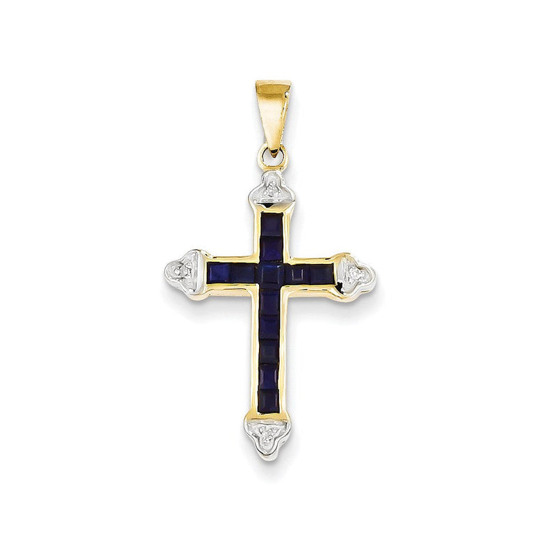 14K Gelbgold Kreuz-Anhänger mit Diamant und Saphir