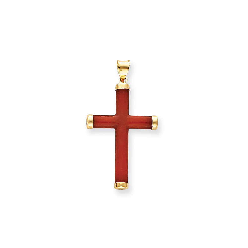 14 Karat Gelbgold Anhänger mit rot gefärbtem Quarz-Kreuz