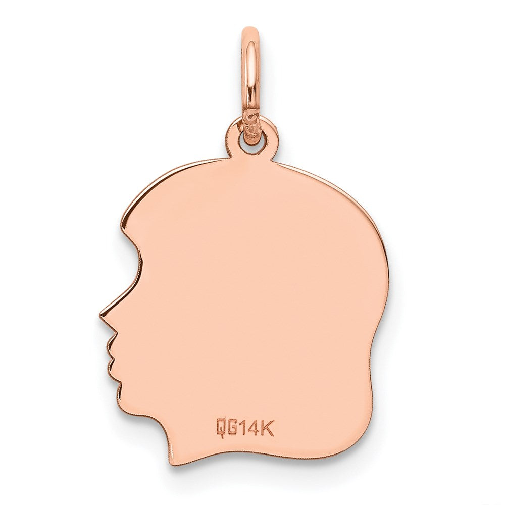 14K Roségold Mädchenkopf-Charm mit schlichter Rose, mittelgroß, .018 Tiefe, nach rechts blickend, gravierbar