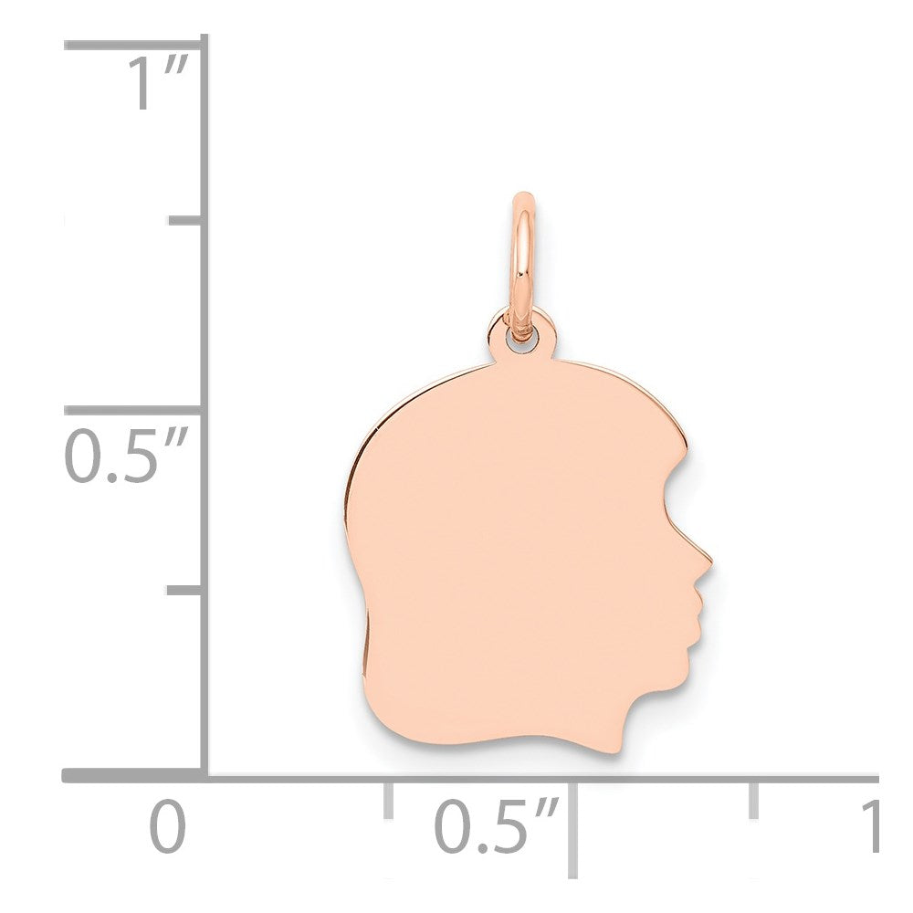 14K Roségold Mädchenkopf-Charm mit schlichter Rose, mittelgroß, .018 Tiefe, nach rechts blickend, gravierbar