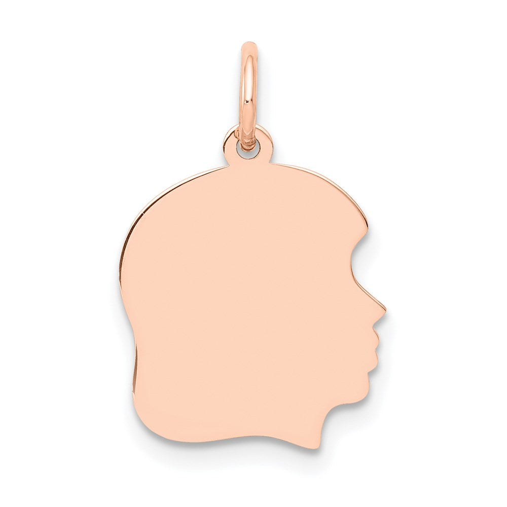 14K Roségold Mädchenkopf-Charm mit schlichter Rose, mittelgroß, .018 Tiefe, nach rechts blickend, gravierbar