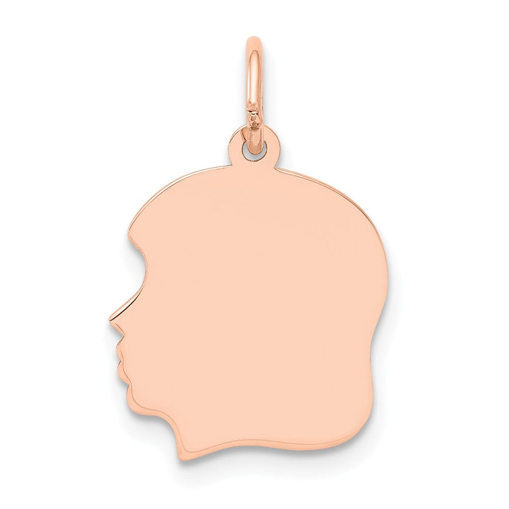 14K Roségold Rose Schlicht Mittelgroß .018 Tiefe Nach Links Blickend Gravierbarer Mädchenkopf-Charm