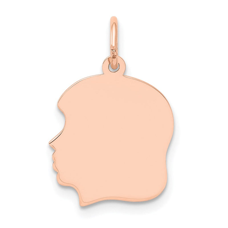 14K Roségold Rose Schlicht Mittelgroß .018 Tiefe Nach Links Blickend Gravierbarer Mädchenkopf-Charm