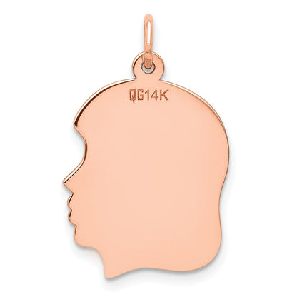 14K Roségold Rose Schlichter Mädchenkopf-Charm, Mittelgroß, .011 Gauge, Nach Rechts Blickend, Gravierbar