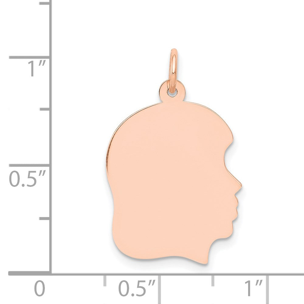 14K Roségold Rose Schlichter Mädchenkopf-Charm, Mittelgroß, .011 Gauge, Nach Rechts Blickend, Gravierbar