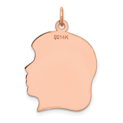 14K Roségold Rose Schlicht Groß 0,018 Gauge Nach Rechts Blickend Gravierbarer Mädchenkopf-Charm