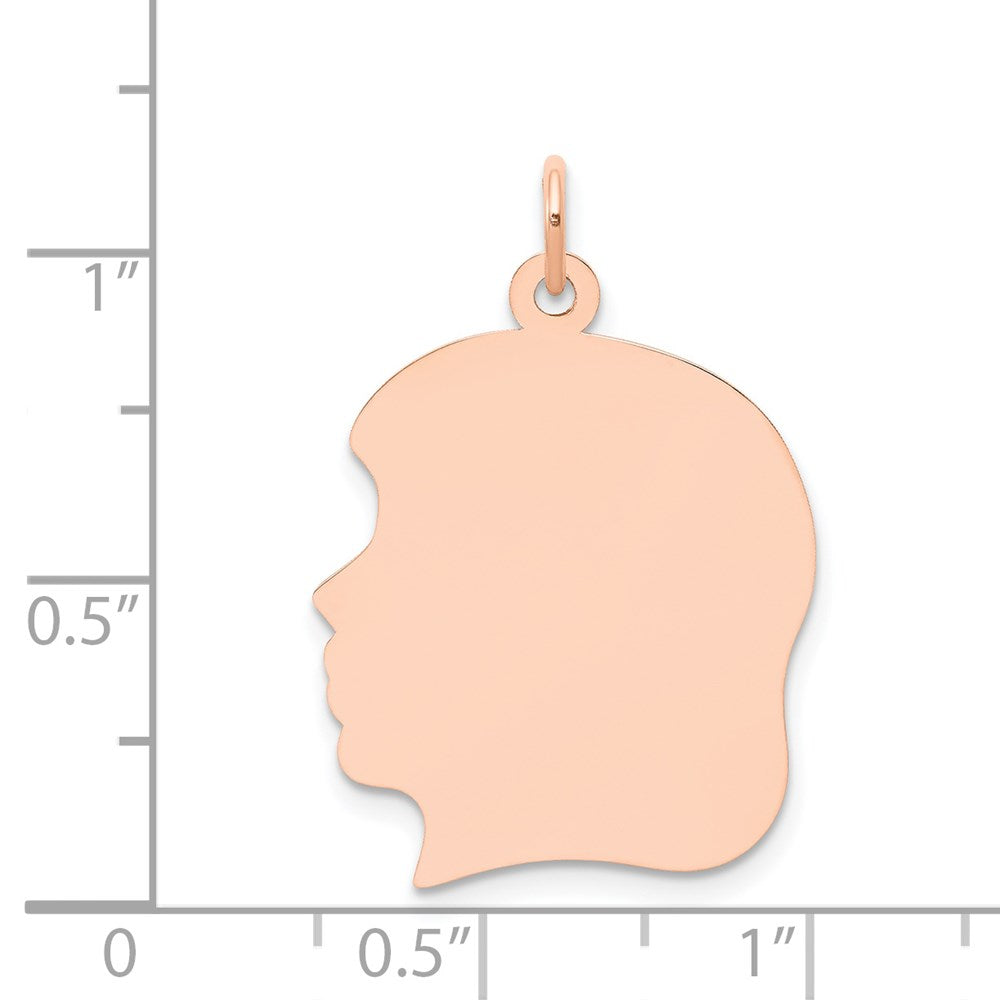 14K Roségold Großer Schlichter Nach Links Blickender Gravierbarer Mädchenkopf-Charm, .013 Gauge