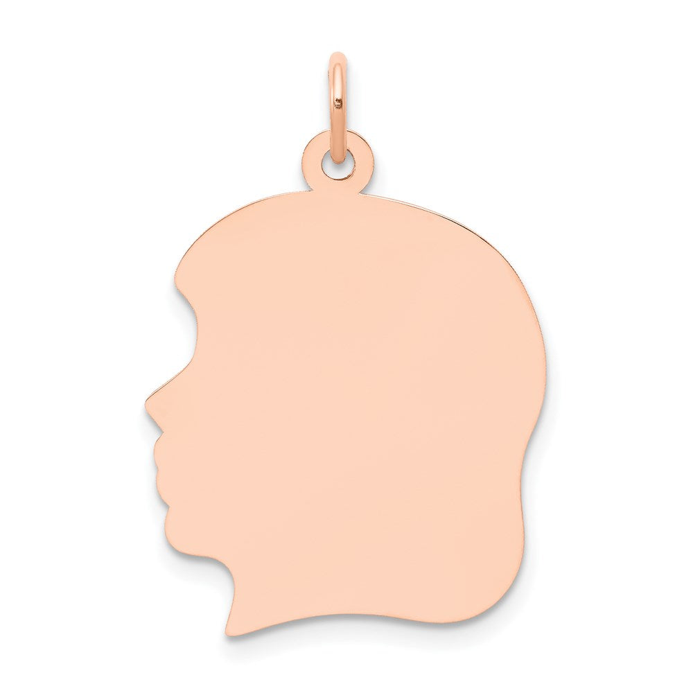 14K Roségold Rose schlichter großer 0,018-Gauge nach links blickender gravierbarer Mädchenkopf-Charm