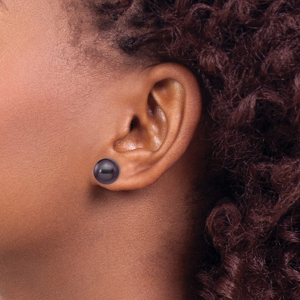 14K Weißgold 10 11mm Schwarz Rund Süßwasser Zuchtperle Ohrstecker