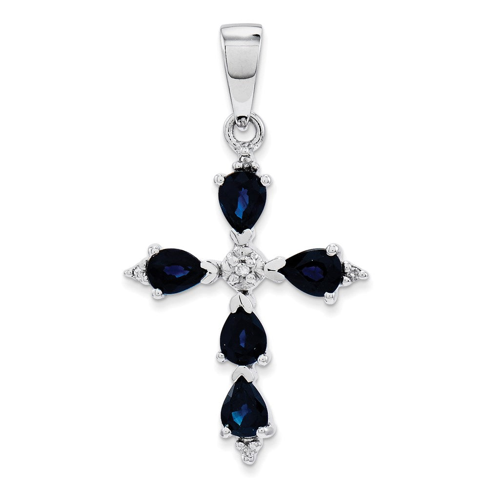 14K Weißgold Diamant- und Saphir-Kreuzanhänger
