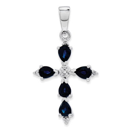 14K Weißgold Diamant- und Saphir-Kreuzanhänger