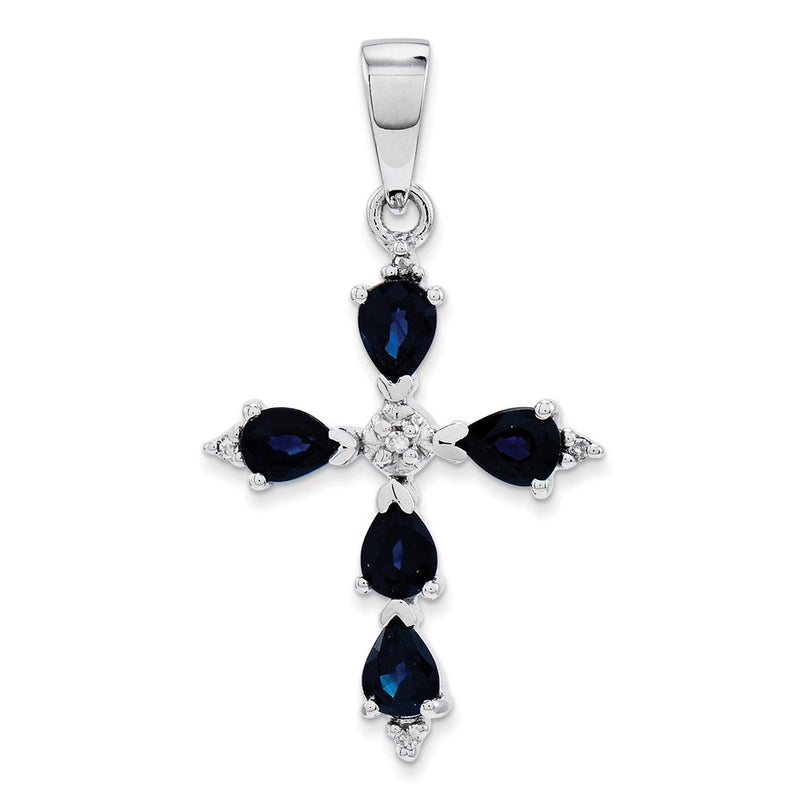 14K Weißgold Diamant- und Saphir-Kreuzanhänger