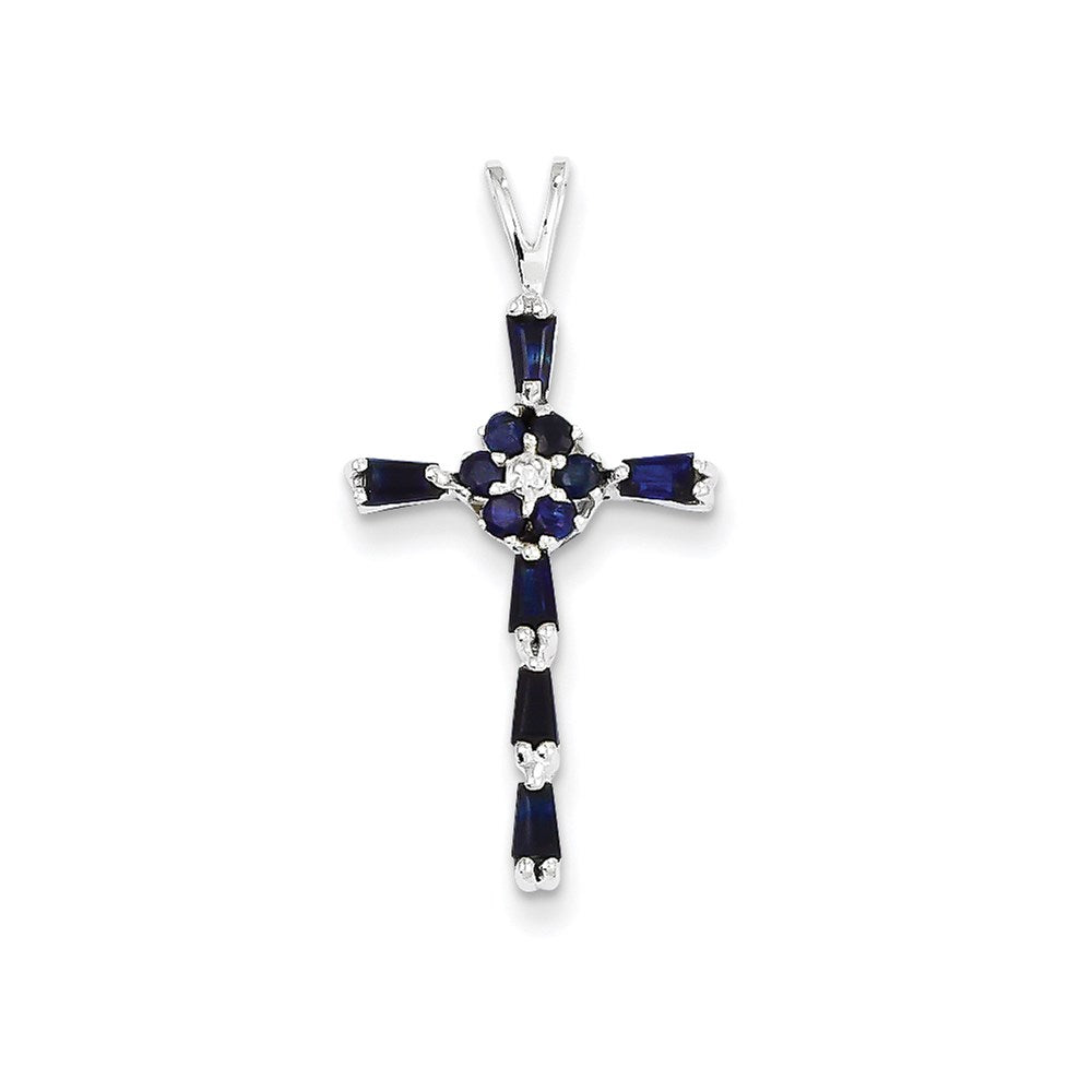 14K Weißgold Diamant- und Saphir-Kreuzanhänger
