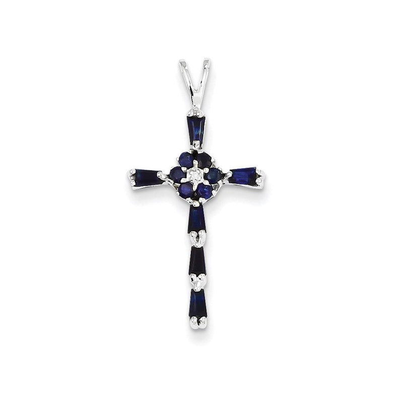 14K Weißgold Diamant- und Saphir-Kreuzanhänger