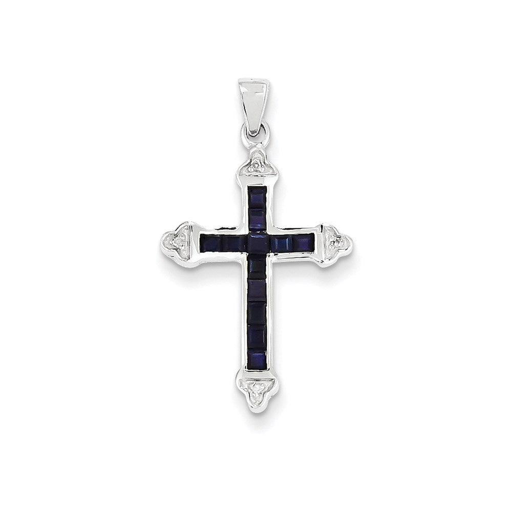 14K Weißgold Diamant- & Saphir-Kreuzanhänger