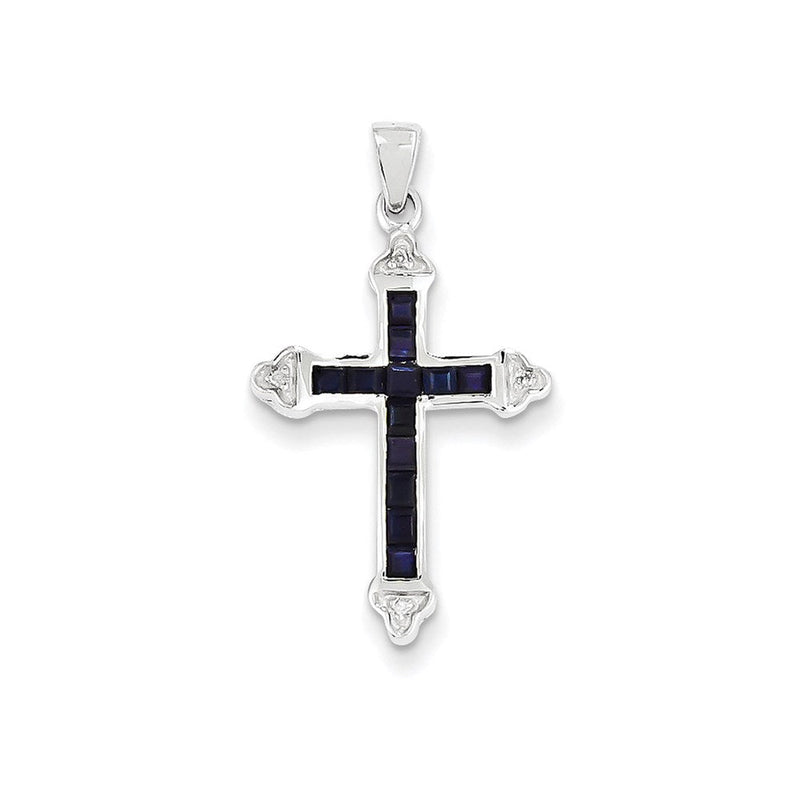 14K Weißgold Diamant- & Saphir-Kreuzanhänger