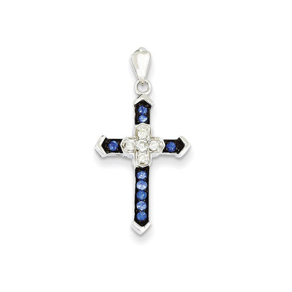 14K Weißgold Diamant- & Saphir-Kreuzanhänger