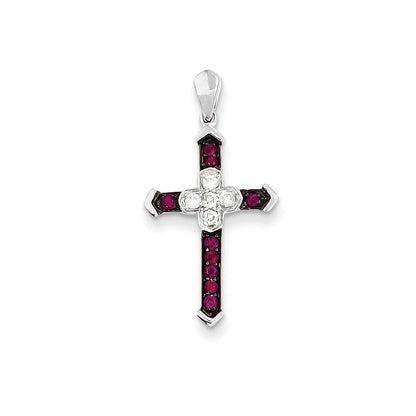 14K Weißgold Diamant- und Rubin-Kreuzanhänger
