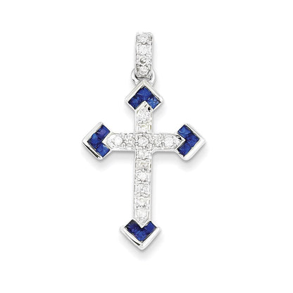 14K Weißgold Diamant- und Saphir-Kreuzanhänger