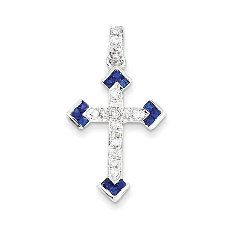 14K Weißgold Diamant- und Saphir-Kreuzanhänger