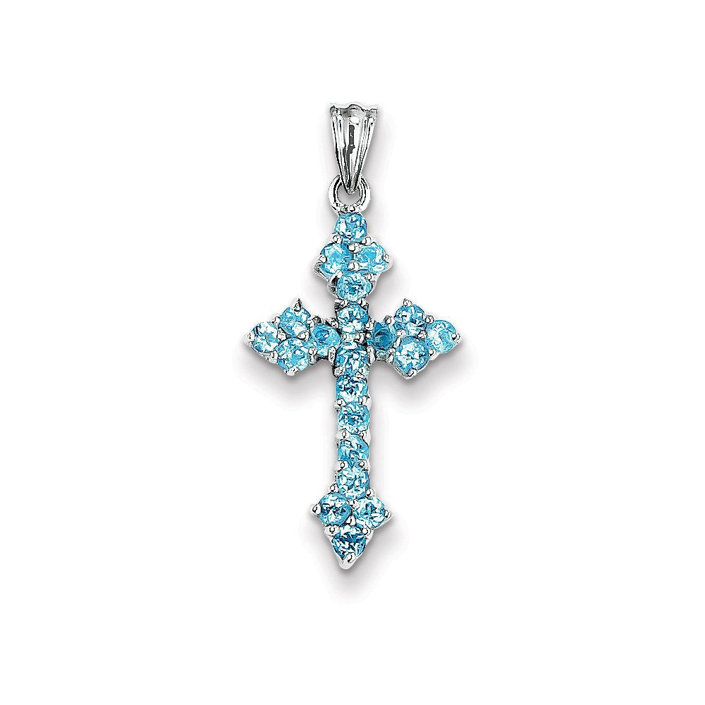 14K Weißgold Blautopas Kreuz-Anhänger mit Knospenenden