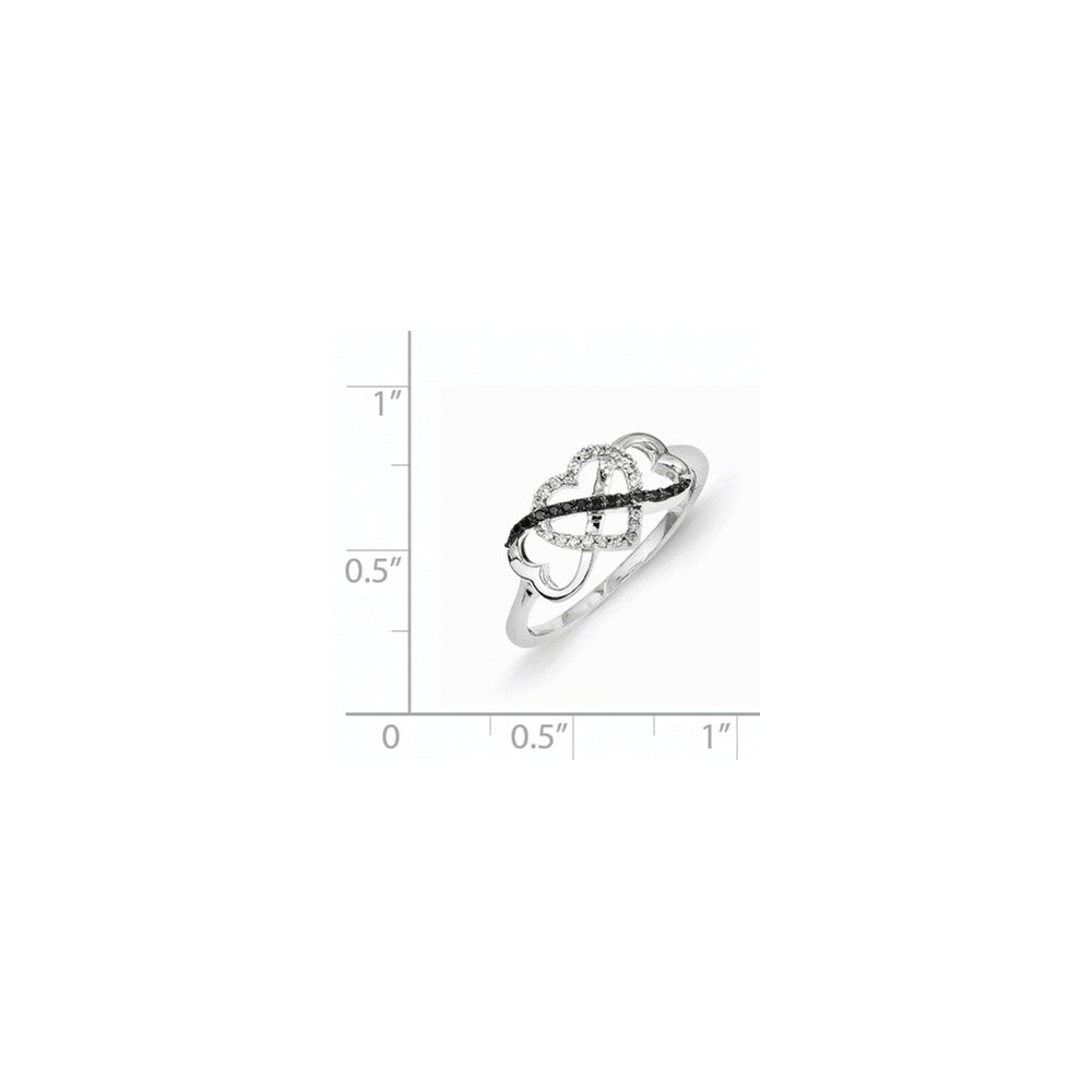 14K Weißgold Ring mit dreifachem Herz und schwarzen und weißen Diamanten
