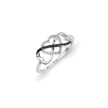 14K Weißgold Ring mit dreifachem Herz und schwarzen und weißen Diamanten