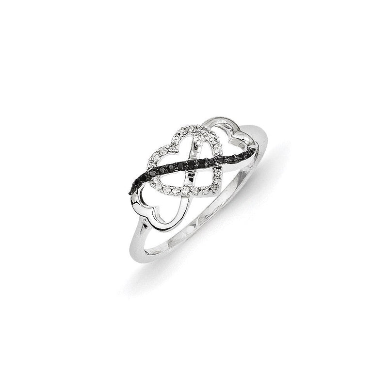 14K Weißgold Ring mit dreifachem Herz und schwarzen und weißen Diamanten