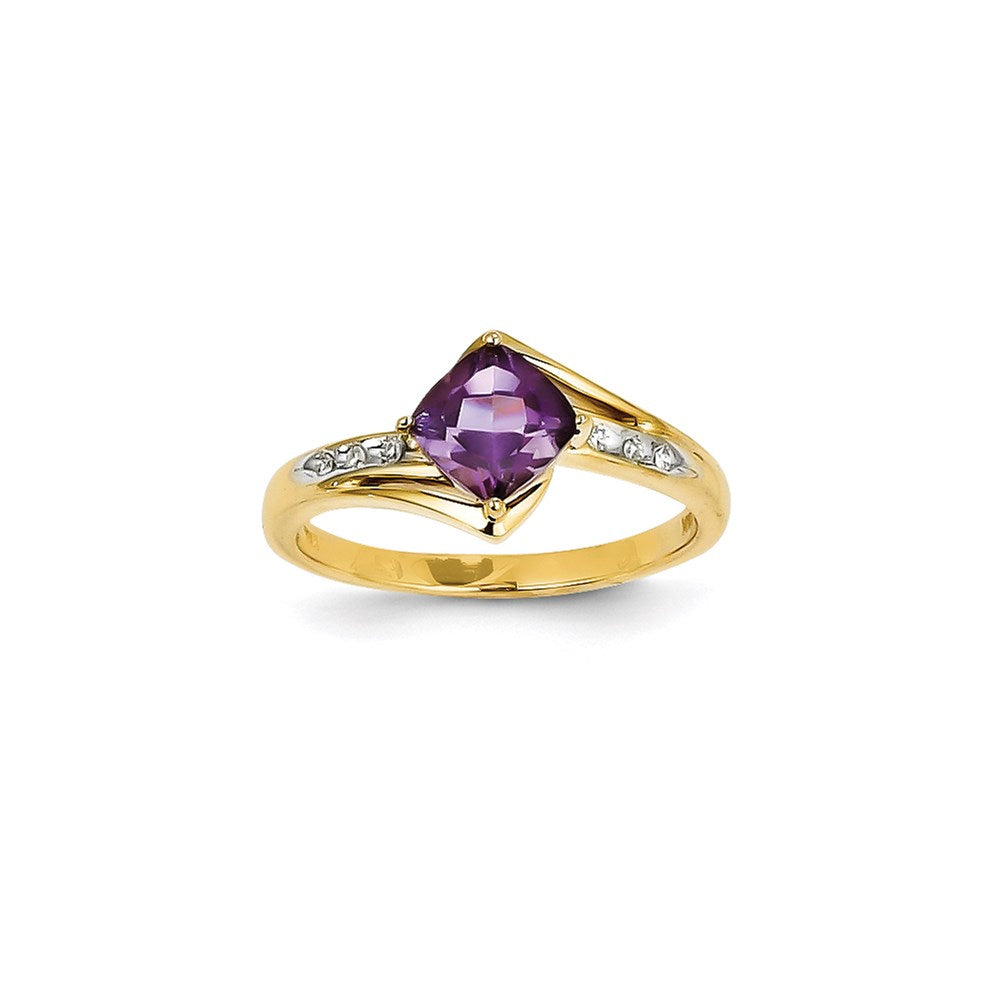 14K Gelbgold Ring, rhodiniert, mit echtem Diamant und Amethyst, quadratisch