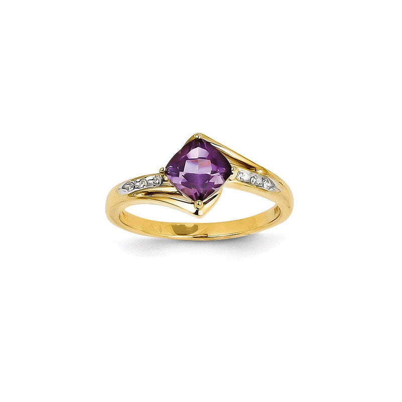 14K Gelbgold Ring, rhodiniert, mit echtem Diamant und Amethyst, quadratisch