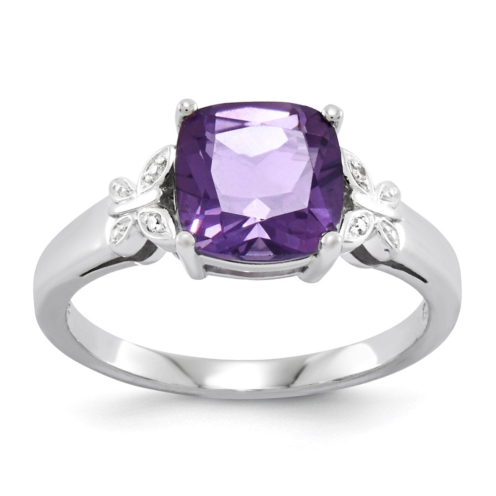 14K Weißgold Echt Diamant und Amethyst Quadratisch Ring
