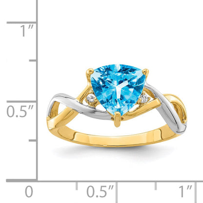 14K Gelbgold Ring mit rhodiniertem Blautopas und Weißtopas im Trillantschliff