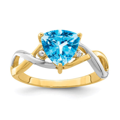 14K Gelbgold Ring mit rhodiniertem Blautopas und Weißtopas im Trillantschliff