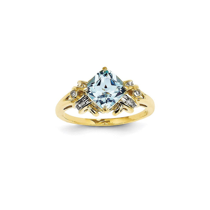 14K Gelbgold Ring mit echtem Diamant und blauem Topas, quadratisch